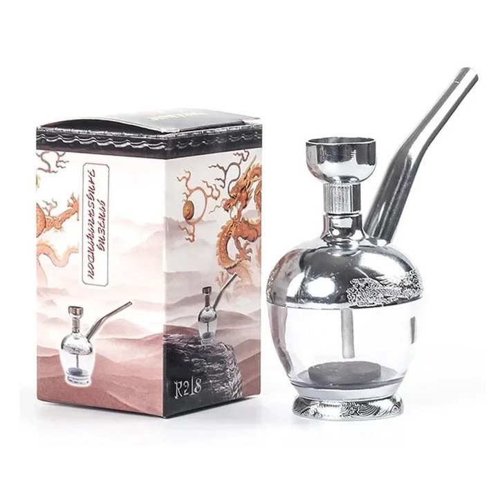 Pipa de Fumat cu Apa - Mini Hookah, Model Narghilea, Filtreaza Fumul, Materiale Eco, Silver