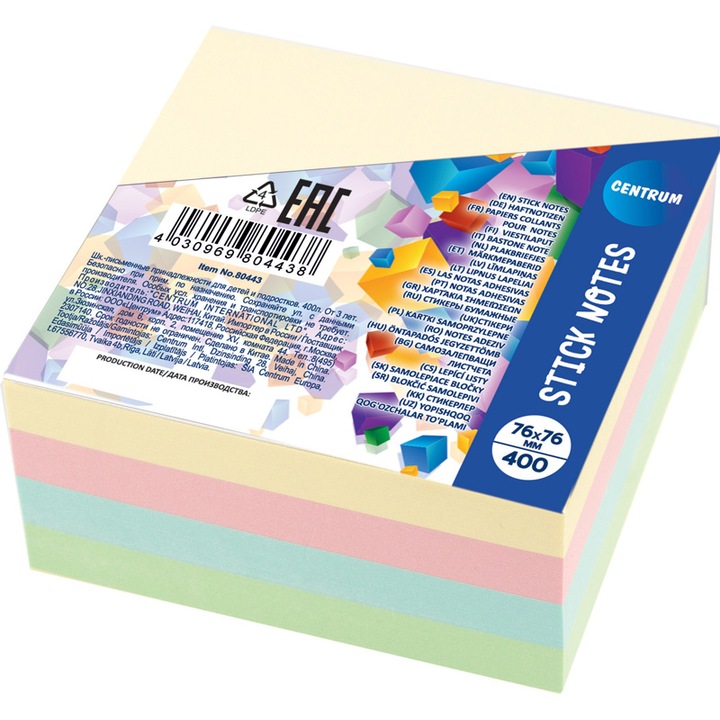 Лепящи листчета Centrum Adhesive Notes, 76x76 мм, 400 листа, 4 пастелни цвята