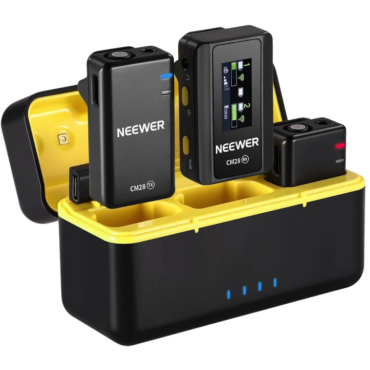 Комплект от 2 микрофона NEEWER, безжични 2.4G, петловидни, с пълни аксесоари, LCD екран, съвместим PC/MAC/Android/Ios/видео камера, шумопотискане, 100 m обхват, калъф за зареждане, наблюдение в реално време, двоен канал