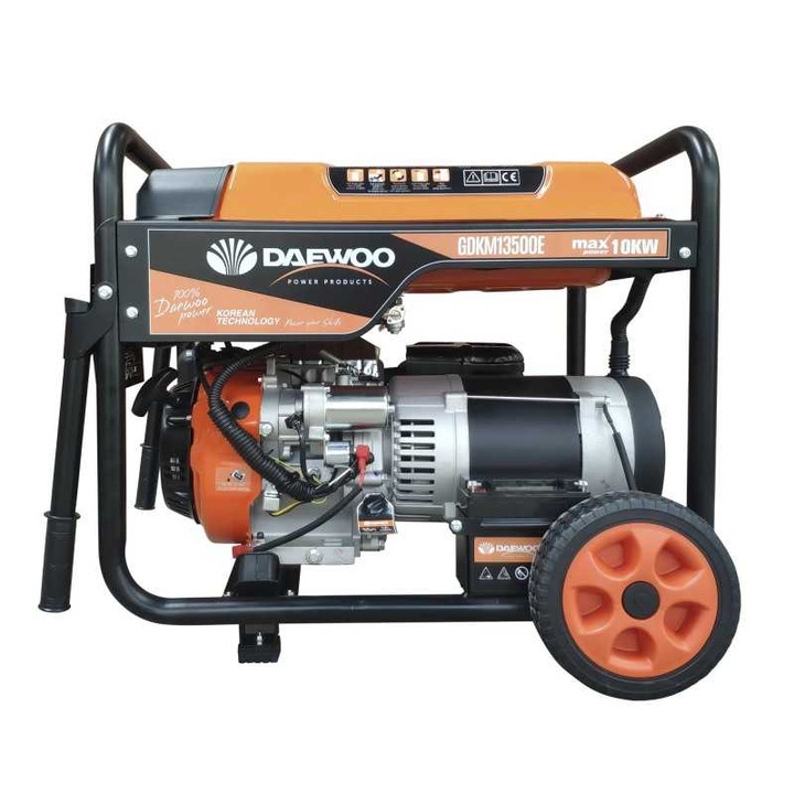 Generator curent electric Daewoo GDKM13500E, 9000 W, electric start, cu roti si manere, 230 V, ARV, 30 l benzina, 20 h autonomie maxima