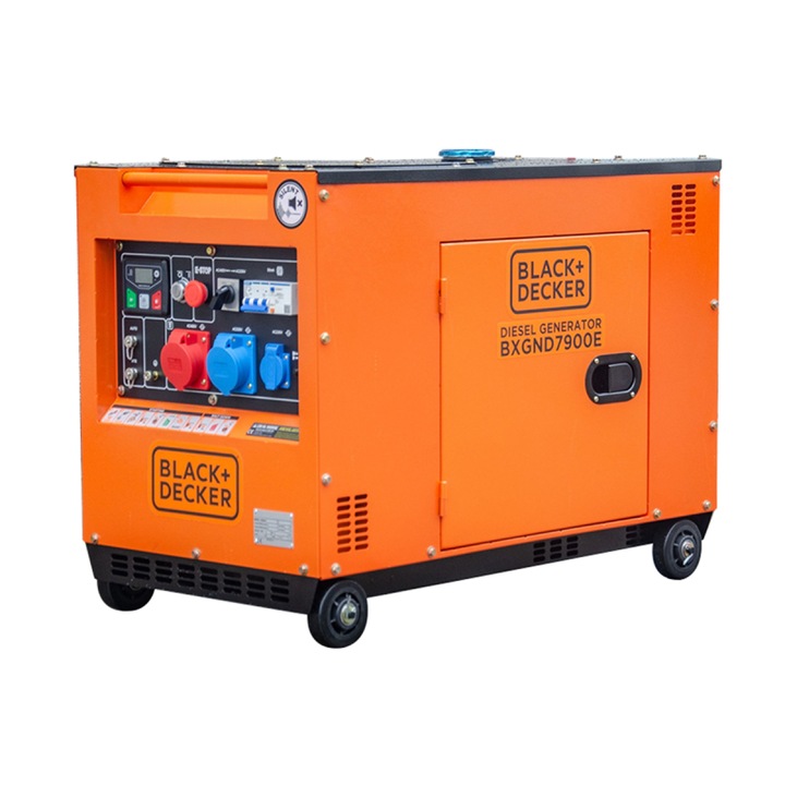 Generator curent electric Black & Decker BXGND7900E, 5800 W, 230/400 V, ATS, AVR, 498 CC, afisaj LED, demarator electric, 1x priza Schuko (230 V; 16 A) 1x priza (230 V; 32 A) 1x priza (400 V; 16 A), 14 l diesel