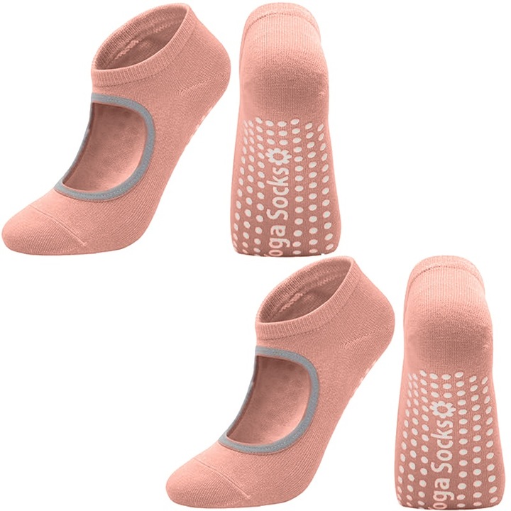 Set 2 perechi de Sosete sport yoga, bumbac, material respirabil, anti-alunecare, scurte, deschise in partea de sus, potrivite pentru fitness, Pilates, balet, dans, marime 35-42, Roz bombon