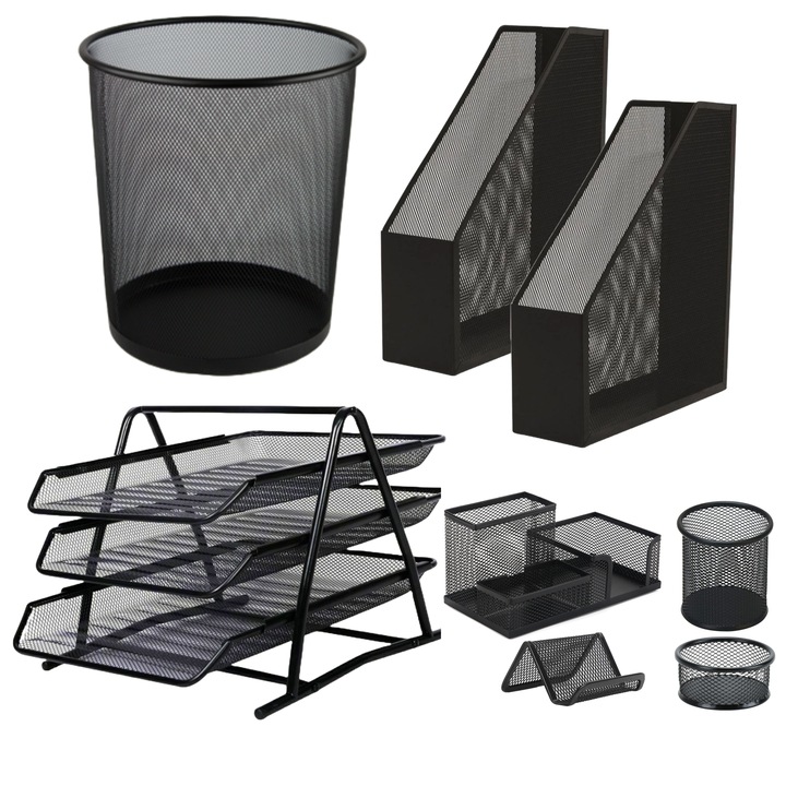 Set 8 suporti birou, FLR, pentru documente si accesorii, tavite metalice, suport vertical, instrumente de scris, agrafe, cos birou, mesh Negru