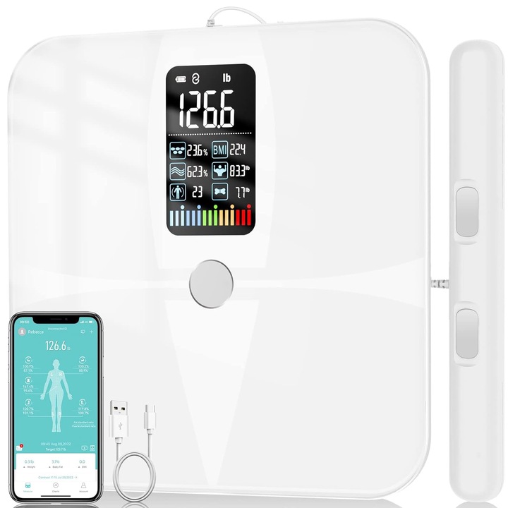 Кантар за телесни мазнини SmartFit 8-електроден цифров, анализатор на състава на цялото тяло със съотношение, точна баня за мускулно тегло, бял