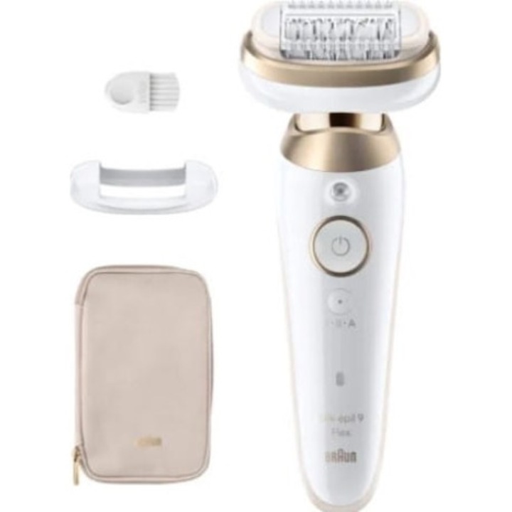 Комплект епилатор, Braun, Silk-epil 9-011 3D, неплъзгащ се, Smartlight, 50 мин. автономия, златист/бял