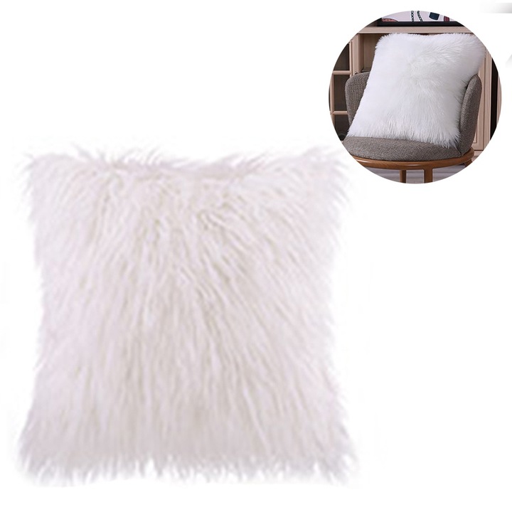 2 db párnahuzat szett, műszőrme, fehér, 45x45cm