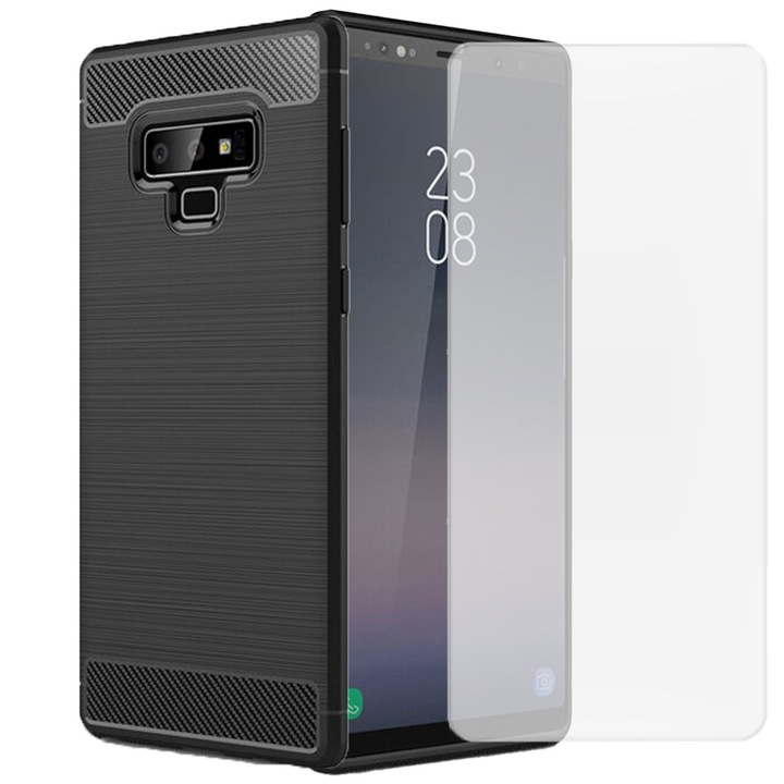 Set husa carbon cu folie compatibil cu Samsung Galaxy Note 9, Antisoc, Efect Cooling, Protectie 360, Negru