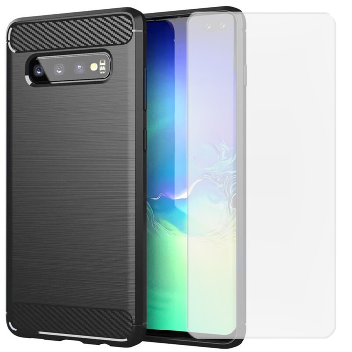 Set husa carbon cu folie compatibil cu Samsung Galaxy S10 Plus, Antisoc, Efect Cooling, Protectie 360, Negru