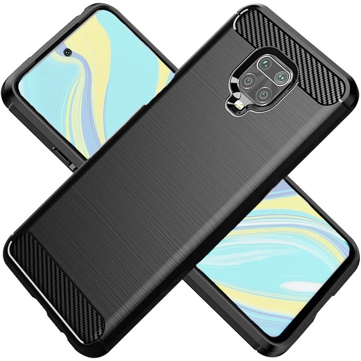 Комплект карбоново покритие с фолио, съвместимо с Xiaomi Redmi Note 9 Pro Max, Anti-Shock, Cooling Effect, 360 Protection, Черен