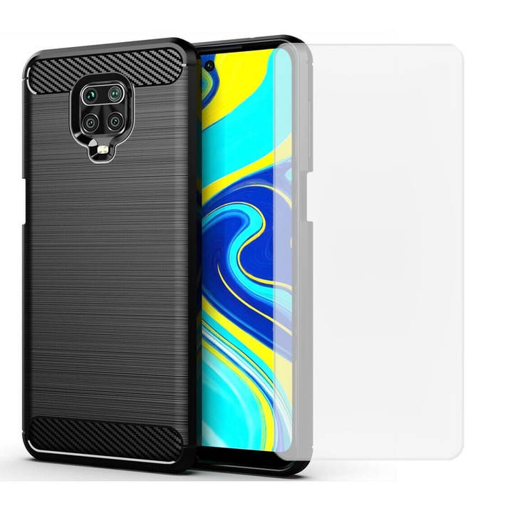 Комплект карбоново покритие с фолио, съвместимо с Xiaomi Redmi Note 9 Pro, Anti-Shock, Cooling Effect, 360 Protection, Черен