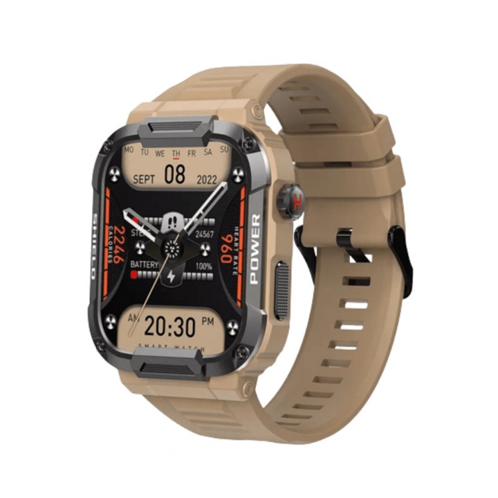 MK66 okosóra, Bluetooth hívások, értesítések, 400 mAh, időzítő, pulzusmérő, barna