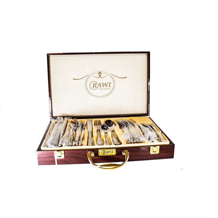 Комплект прибори от неръждаема стомана, с шарка, 24 части с дипломат, RAWI