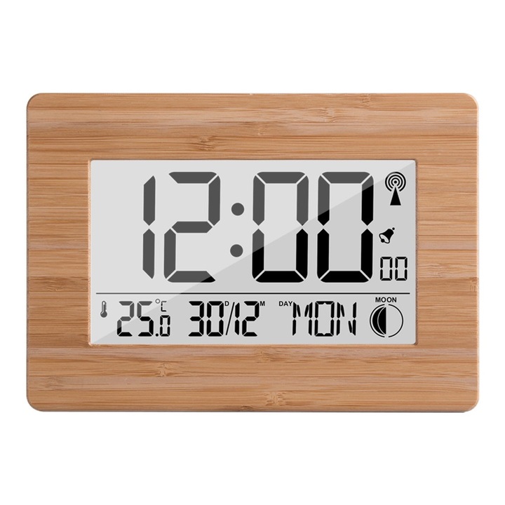 Rádióvezérlésű óra, LCD, hőmérő, 23x16x3cm
