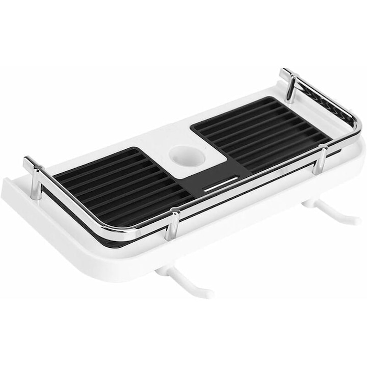 Raft de baie pentru bara de dus, suport pentru furtun, 2 carlige, aluminiu/ABS, 30x12x6cm