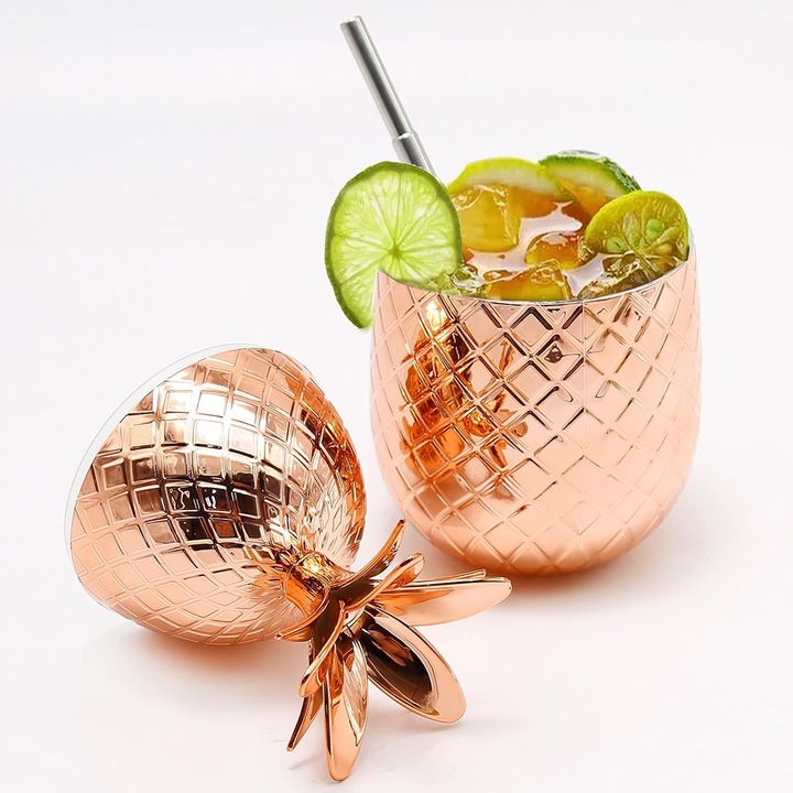 Cana pentru cocktail, polipropilena, model ananas, roz auriu, cu pai, 453ml, 19.5x9.52cm