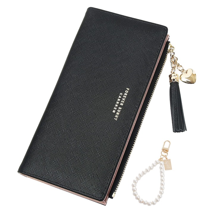 Portofel dama, Darklove, Cu accesoriu, Securitate RFID block, Lung de mare capacitate cu fermoar, Cu multiple compartimente pentru carduri, bani si telefon, Durabile, Usor de curatat, Portabil, PU, 19.1x10.2x2 cm, Negru