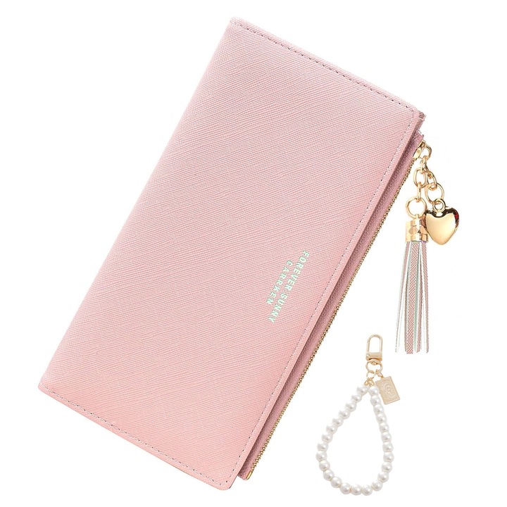 Portofel dama, Darklove, Cu accesoriu, Securitate RFID block, Lung de mare capacitate cu fermoar, Cu multiple compartimente pentru carduri, bani si telefon, Durabile, Usor de curatat, Portabil, PU, 19.1x10.2x2 cm, Roz