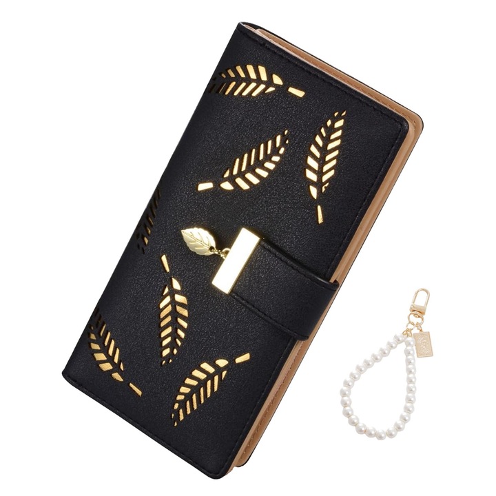 Portofel dama, Darklove, Frunze, Securitate RFID block, Lung de mare capacitate cu fermoar, Cu multiple compartimente pentru carduri, bani si telefon, Durabile, Usor de curatat, Anti-frecare, Portabil, PU, 19x9.5x3 cm, Negru