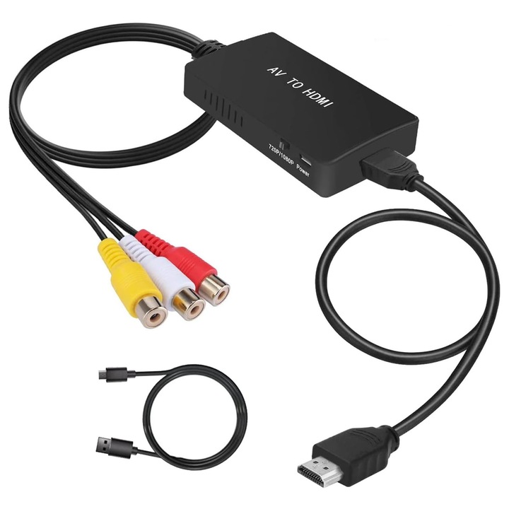 1m HDMI мъжки към AV/RCA конвертор кабел, Darklove, С USB, Поддържа 4K вход и 1080P изход, Plug to Play, Издръжлив, Лесен за използване, Антифрикционен, Преносим, За PS2, PS3, Xbox и N64, ABS, 7x3 .5 см, черен