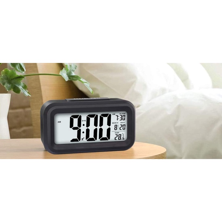 Ceas desteptator digital cu ecran LED, lumina de noapte, negru