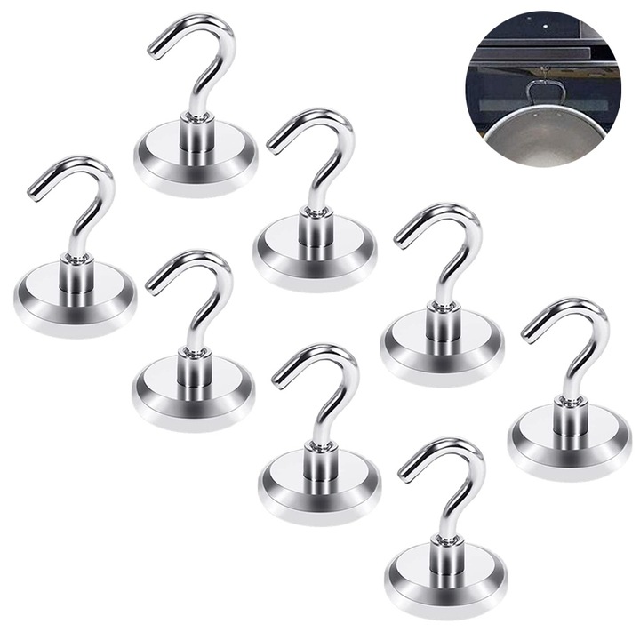 Set 8 Agatatori magnetice, Metal, forta de tractiune 13kg, argintiu