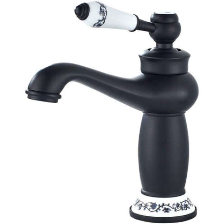 Retro mosdócsaptelep, fekete, kerámia díszítéssel, 35mm