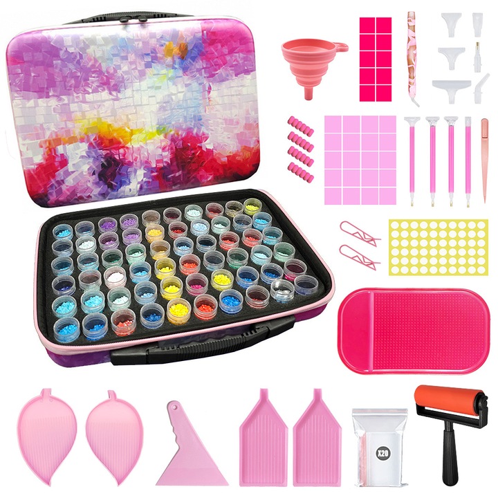 Комплект 137 органайзер и аксесоари за диамантено рисуване, TopGearWorld, контейнер от 60 части, Сгъваеми силиконови фунийки, пинсети, розов