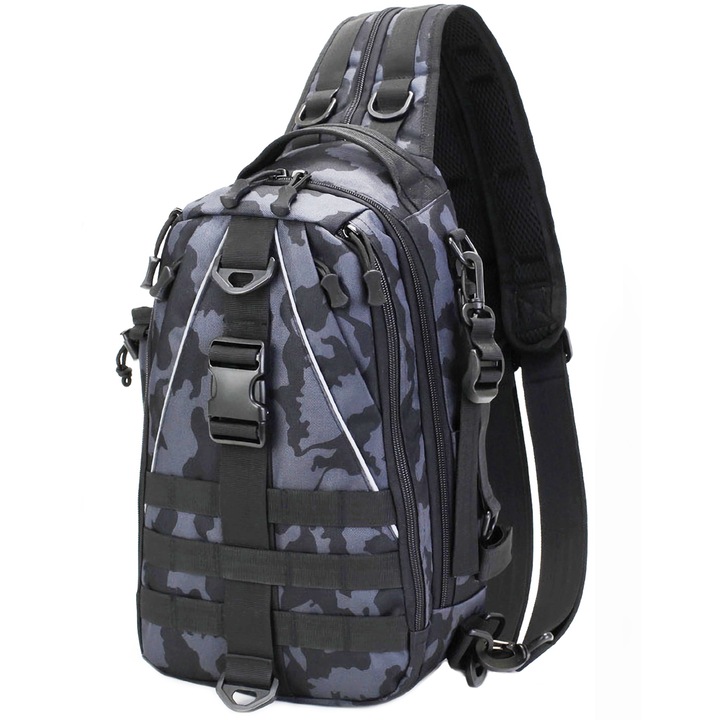 Horgász hátizsák, BYONDSELF®, Crossbody vagy Shoulder, 20 liter, több zseb, Oxford anyag, fekete/kék