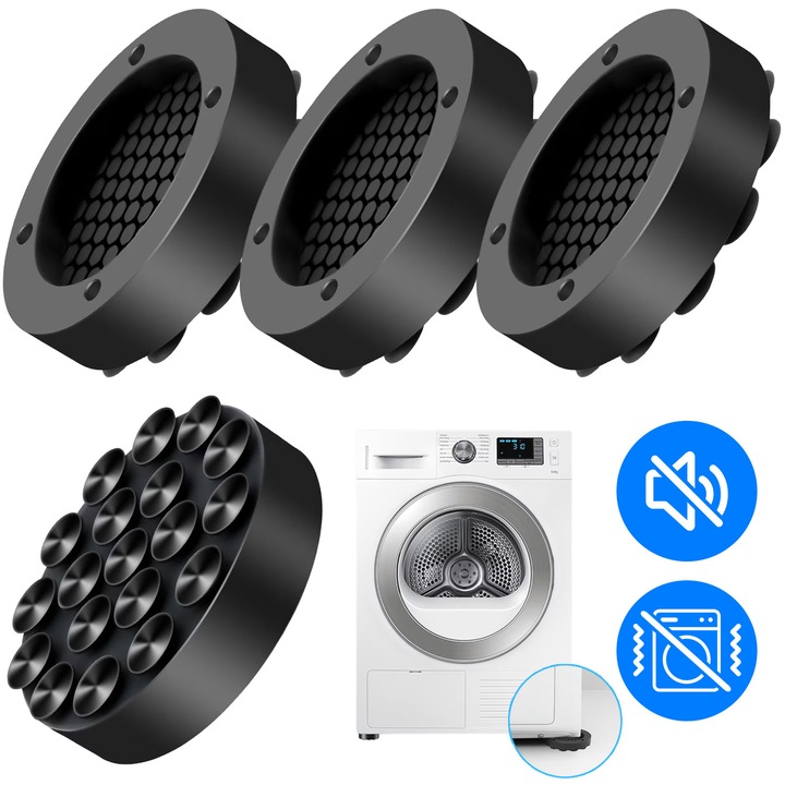 Set 4 Picioruse Antivibratii, BYONDSELF®, cu 19 Ventuze Puternice, Antivibratii/Antiderapant, Universal, Cauciuc, pentru Masina Spalat, Uscator, Frigider, Mobilier, Negru