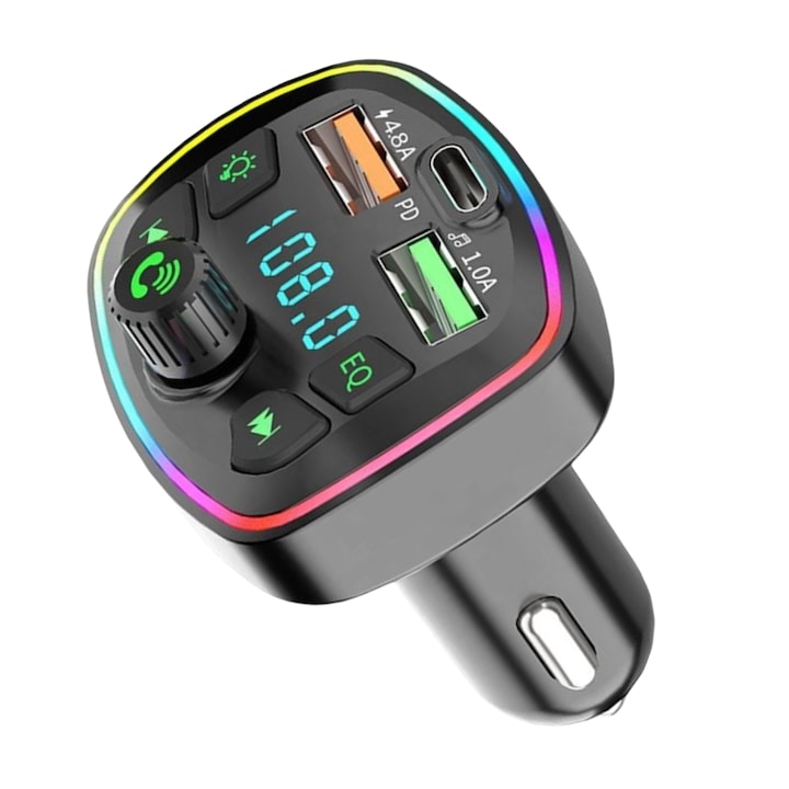 Modulator FM Auto cu Bluetooth 5.0, Q7 4.8A PD incarcator auto, doua porturi USB, receptor FM wireless, transmitator FM