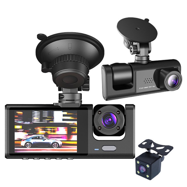 Kamera Fedélzeti DVR, Kraftverdia, 3 Kamera Elöl-Hátul-Belső, Ultra-széles 170°-os Látószög, Éjjellátó, Valós idejű, tiszta képek, Parkolásfigyelés, Fekete