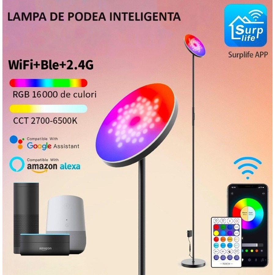 Lampa Led de podea RGB 72DESI, 24W, 2700 lm, WIFI si Bluetooth 5.0 ...