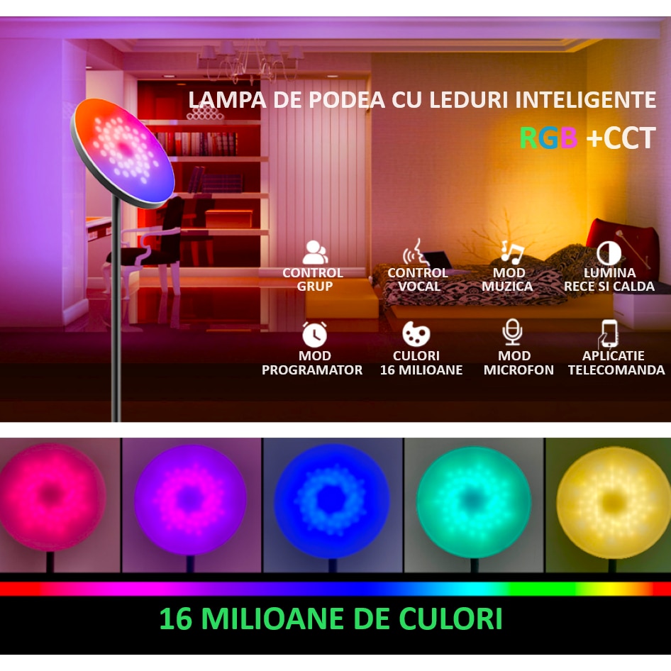 Lampa Led de podea RGB 72DESI, 24W, 2700 lm, WIFI si Bluetooth 5.0 ...