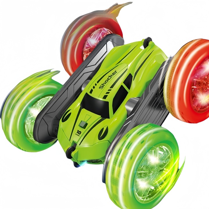 Кола с дистанционно управление, двойно лице, 360 акробатика, фарове, колела за всякакви терени, акумулаторни батерии, зелено