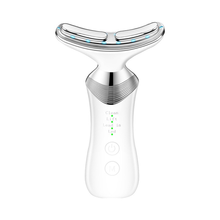 Aparat de ingrijire faciala si pentru gat, ZXJDN®, 3 moduri, 5 lumini LED, lifting, eliminarea ridurilor, ingrijirea tenului, stimulare EMS, incalzire, vibromasaj, functie de incalzire, alb
