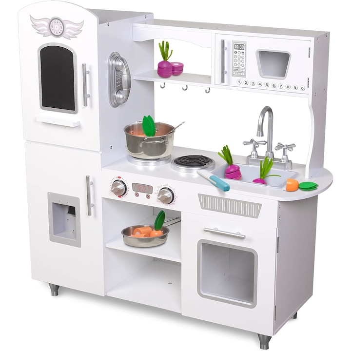Кухня от естествено дърво за деца LikeSmart Angel Kitchen, масивна и издръжлива, без остри ръбове, Микровълнова фурна, Диспенсър, 89 см