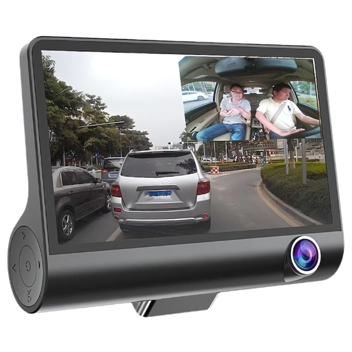 Тройна камера DVR 1920 x 1080, S DEPOT®, 25FPS Full HD, нощно виждане, 170 ° ъгъл на снимане, 3 лещи, можете да записвате отпред, отзад и отвътре едновременно