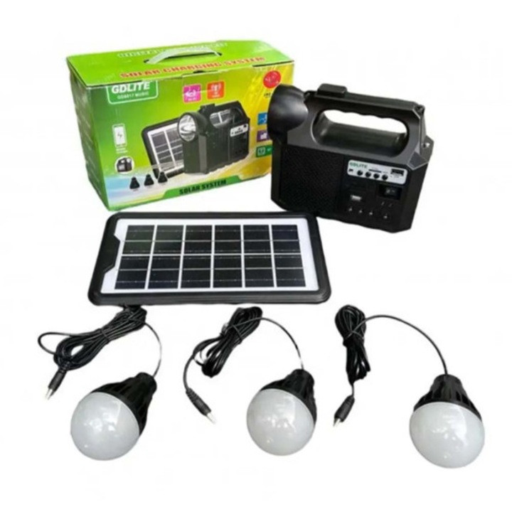 Соларна система, GD Lite GD-8017 Music, Фенер, Соларен панел, 3xLED лампи, MP3, FM Radio, USB, Слот за TF Card, Черен