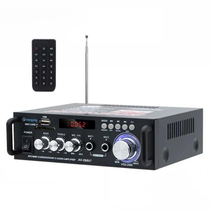 Цифров аудио усилвател, 300W+300W, Bluetooth 5.0, контрол на басите и високите честоти, USB/SD вход, черен