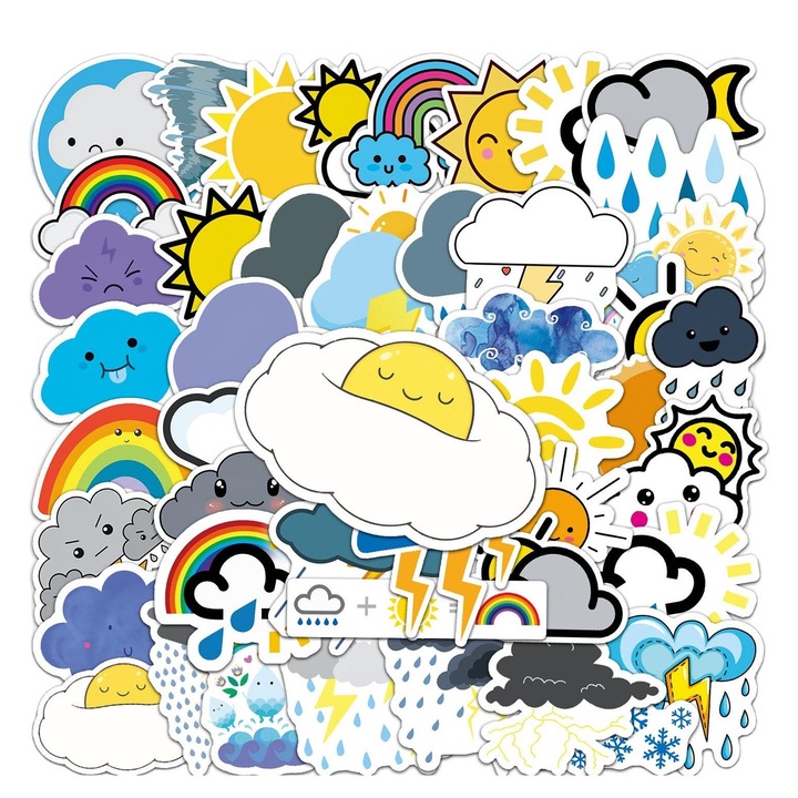 Set 50 Stickere Decorative, Rezistente la Apa, UV, Multicolor, 5.5x8.5cm