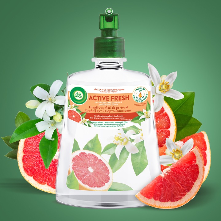 Rezerva odorizant de camera spray automat fara aerosoli Air Wick, Grepfrut si Flori de portocal, 228 ml