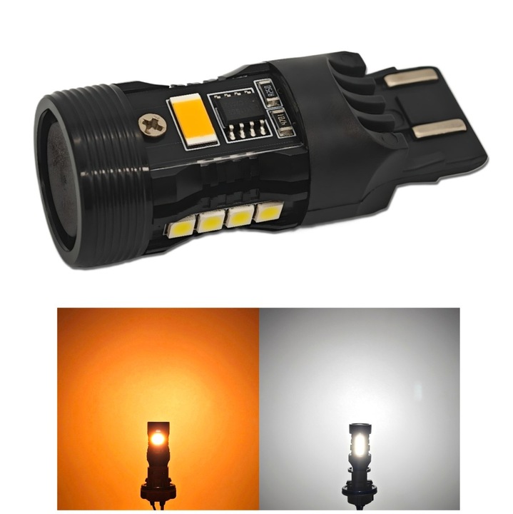 Bec LED auto, motoLEDy, W21/5W, 7443, semnalizare, pozitie, Alb-Portocaliu, Set 2 piese, CanBUS, fara erori, dublu filament, fara polaritate, 9-16V, dedicat autoturismelor fabricate in Japonia, durata de viata 50.000 ore