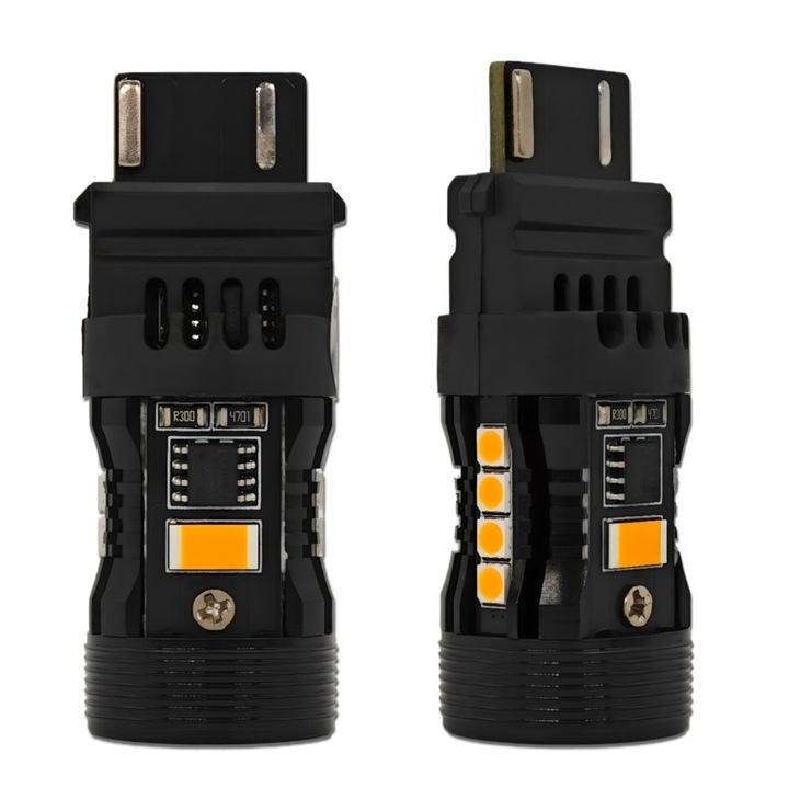 Bec LED Auto, motoLEDy, P27W, Set 2 bucati, 12V, Pentru semnalizare, Compatibil CANBUS, Fara erori, rezistoare inutile, Mentine parametri constanti, 1600 lm, Unghi iluminare 360°, Portocaliu, Durata de viata 50.000 ore, Consum redus