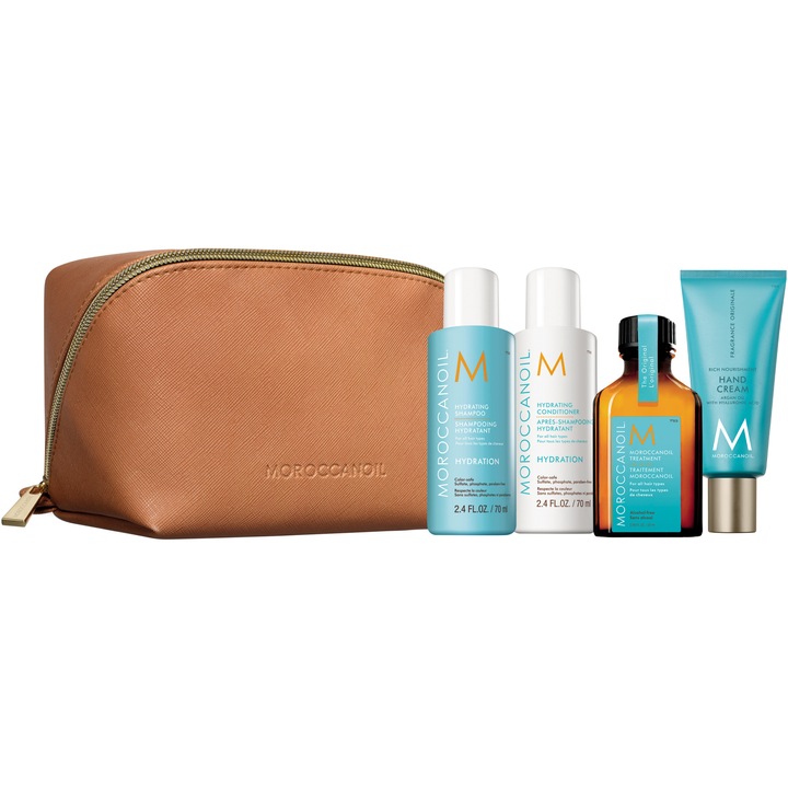 Комплект за грижа Moroccanoil Hydration Travel Kit: Хидратиращ шампоан, 70 мл + Хидратиращ балсам, 70 мл + Олио за терапия за коса, 25 мл + Крем за ръце, 40 мл
