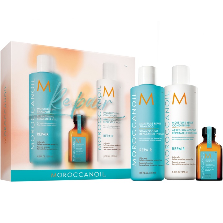 Комплект за грижа Moroccanoil Repair Kit: Възстановяващ шампоан, 250 мл + Възстановяващ балсам, 250 мл + Олио за терапия за косата, 25 мл + Лосион с аромат за тяло, 10 мл