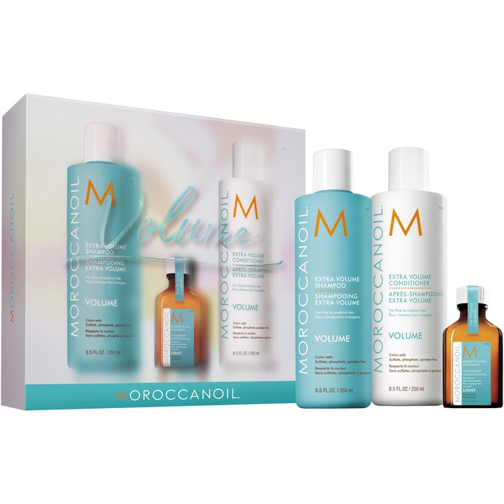Комплект за грижа Moroccanoil Volume Spring Kit: Шампоан за обем, 250 мл + Балсам за обем, 250 мл + Олио за терапия за коса, 25 мл + Лосион за тяло с аромат, 10 мл