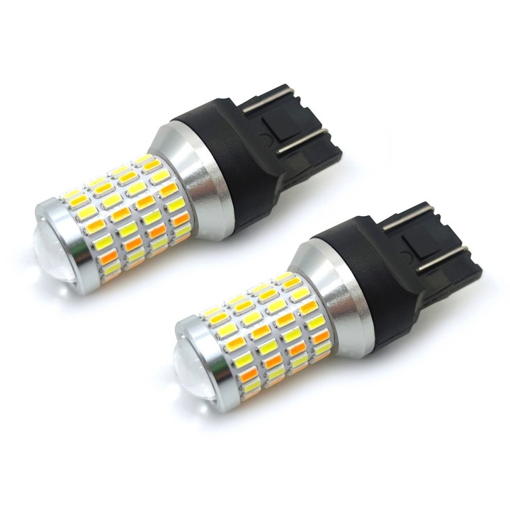 Bec LED auto pentru semnalizare si lumini de zi DRL, Set 2 bucati, motoLEDy, 7443 W21/5W, 12V, CANBUS, bicolor Alb-Portocaliu, cu filament dublu, 76 LED-uri, 1000 lumeni, unghi dispersie 360 de grade