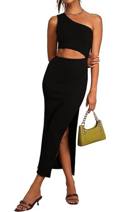 Rochie maxi cu talie scobita pentru femei, Viottiset, fara maneci, cu un singur umar, lejera, neagra, marimea S