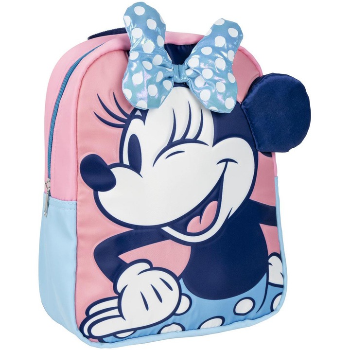 Ghiozdan copii cu aplicatii, Minnie, 1 fermoar, 21,7 x 28 x 9 cm