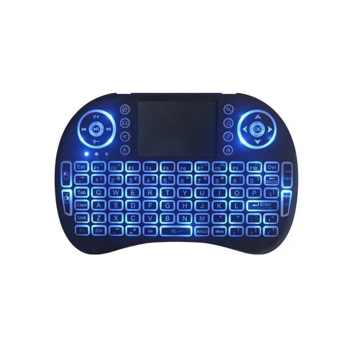 Безжична клавиатура с тъчпад, RGB осветление в 7 цвята, презареждаема, Обхват 10м, съвместима с PC, TV, Playstation, Xbox, Laptop, Черна